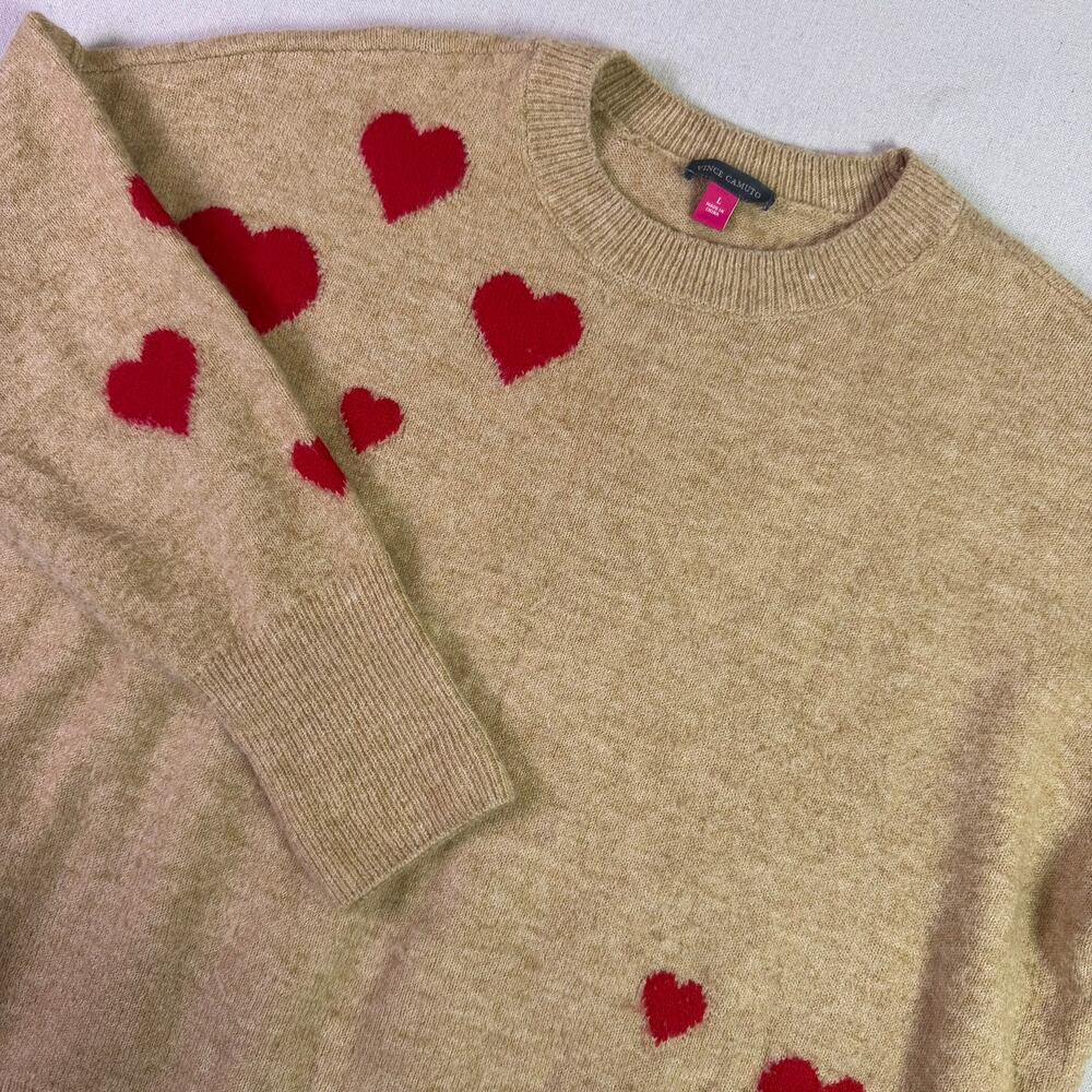 Vince Camuto Red Heart Valentines Sweater Women's L Tan Knit Coquette Novelty